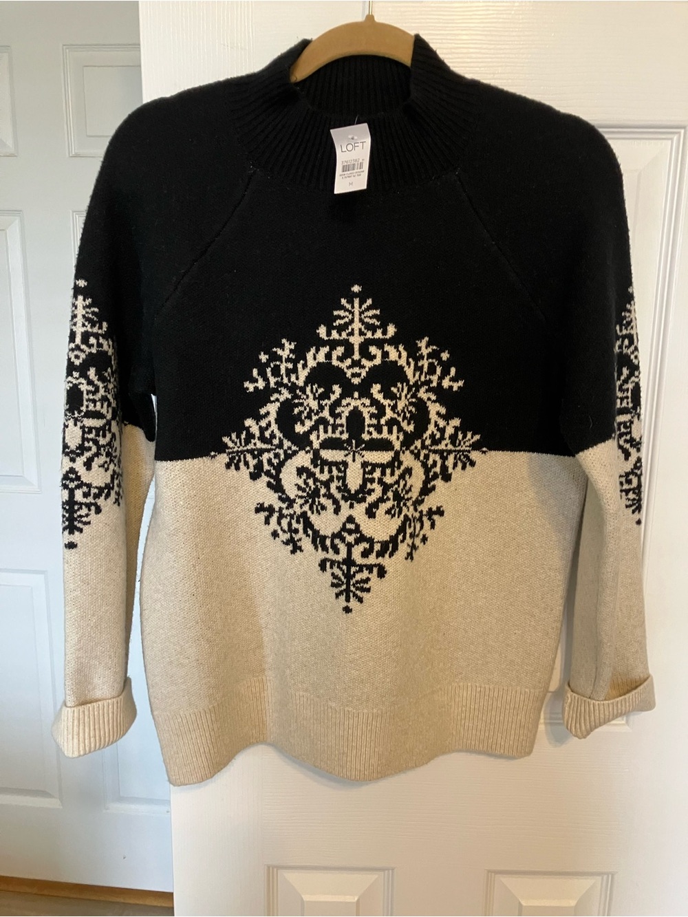 LOFT Black and Cream Crewneck Sweater with Center Medallion